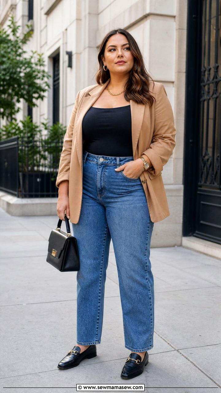 Plus Size Square Neck Top With Blazer And Jeans - 20 plus size square neck top outfit ideas