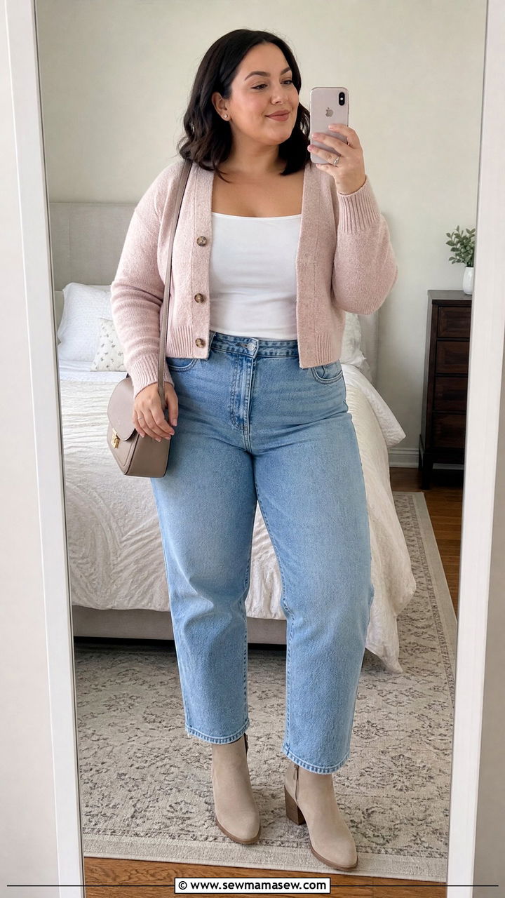 Plus Size Square Neck Top With Cardigan And Jeans - 20 plus size square neck top outfit ideas