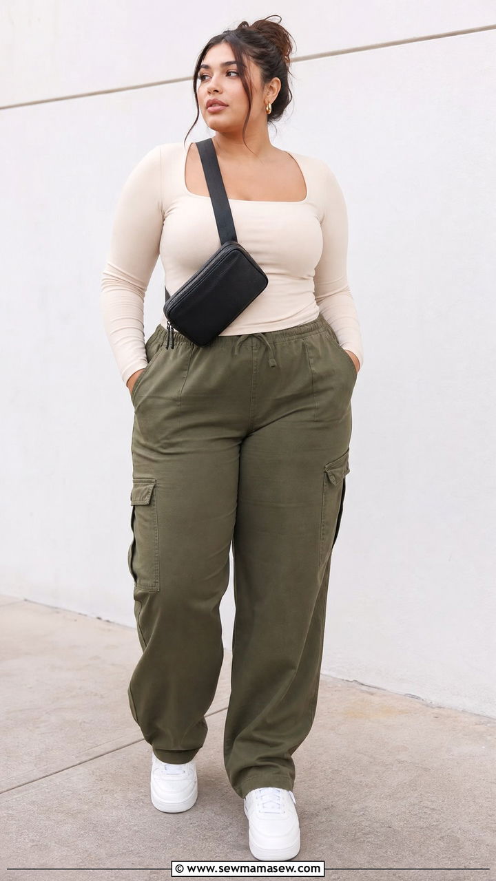 Plus Size Square Neck Top With Cargo Pants - 20 plus size square neck top outfit ideas