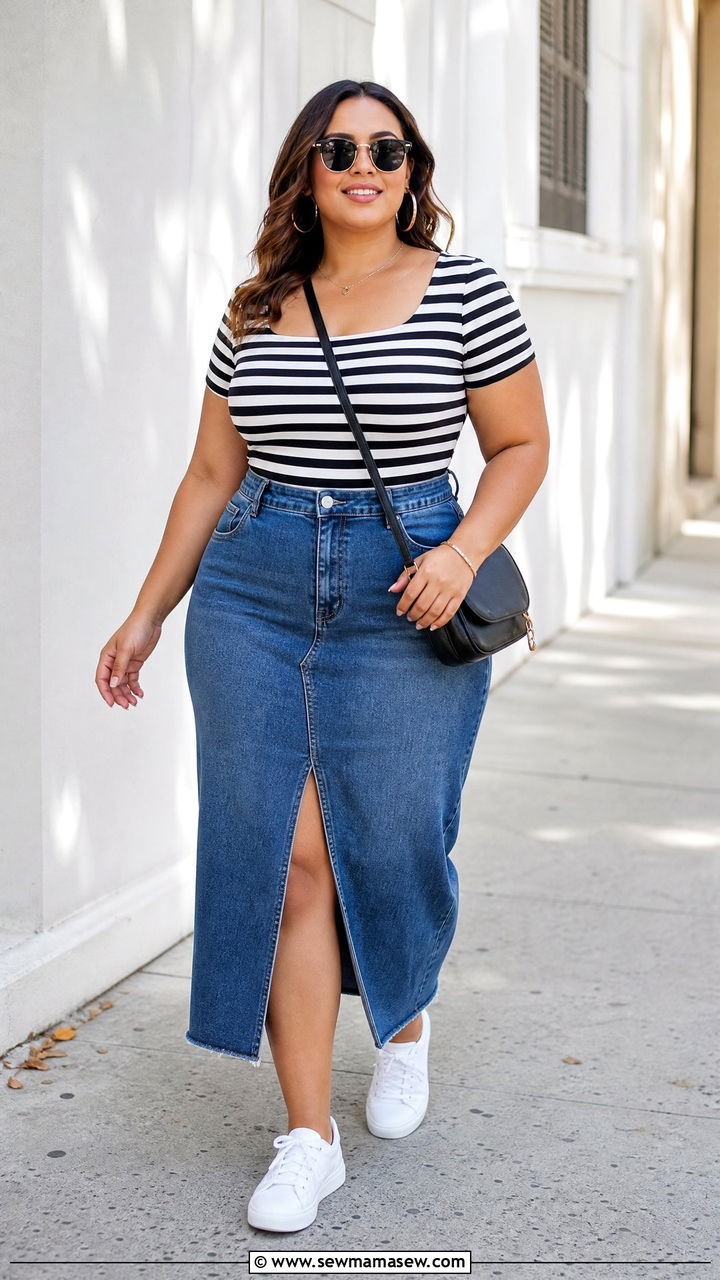 Plus Size Square Neck Top With Denim Skirt - 20 plus size square neck top outfit ideas