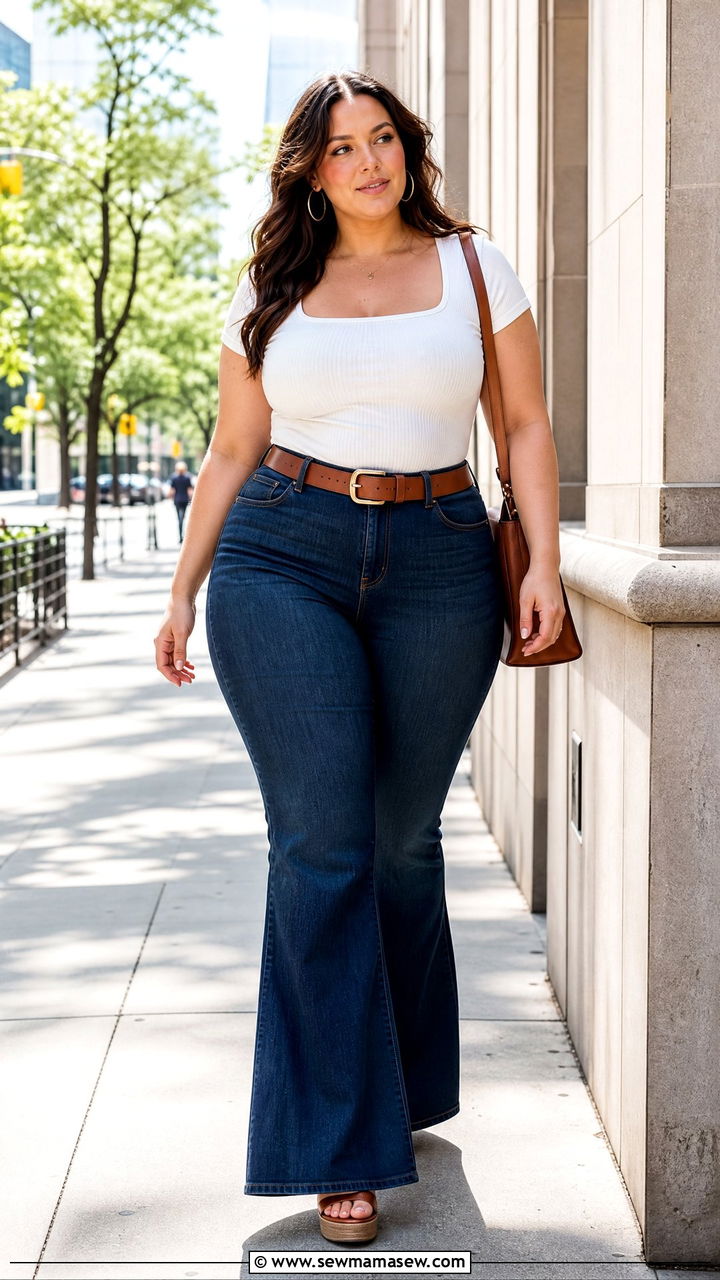 Plus Size Square Neck Top With Flare Jeans - 20 plus size square neck top outfit ideas