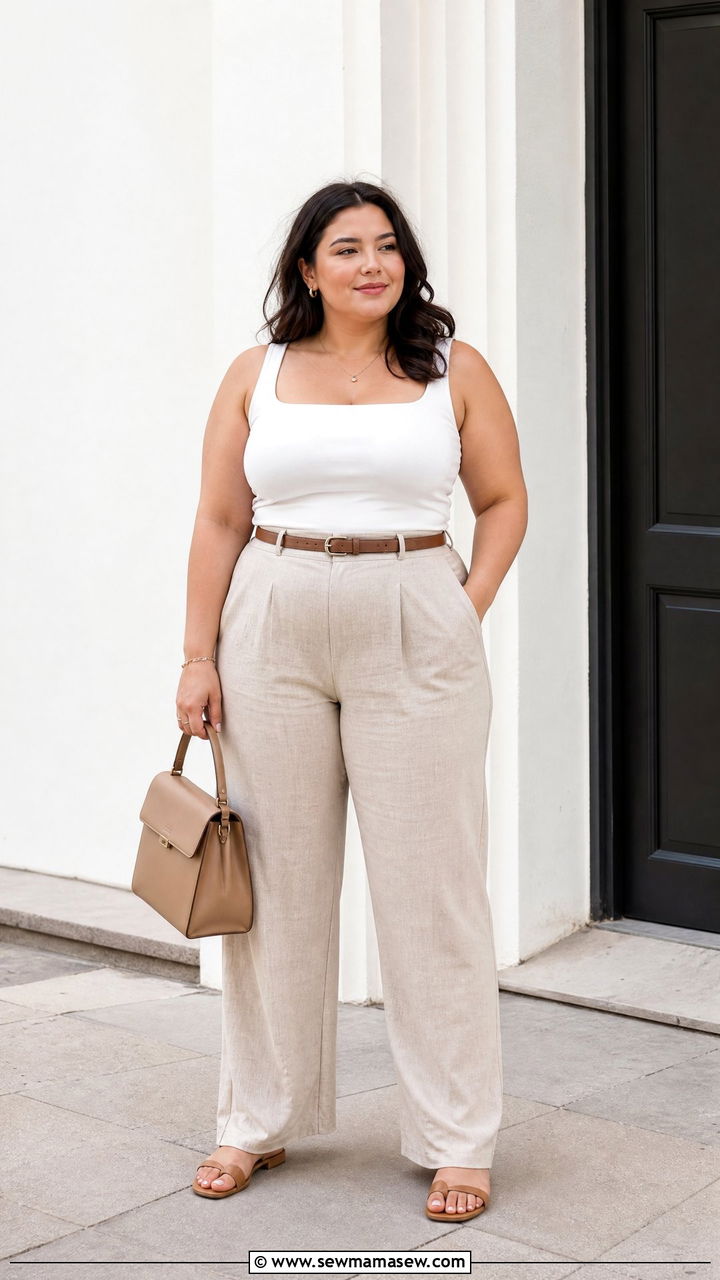 Plus Size Square Neck Top With Linen Trousers - 20 plus size summer top outfit ideas