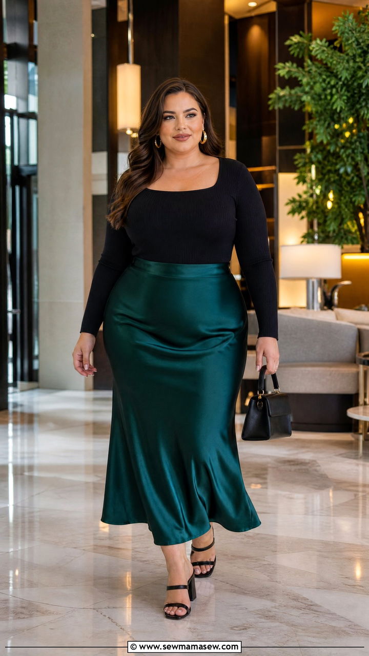 Plus Size Square Neck Top With Satin Skirt - 20 plus size square neck top outfit ideas