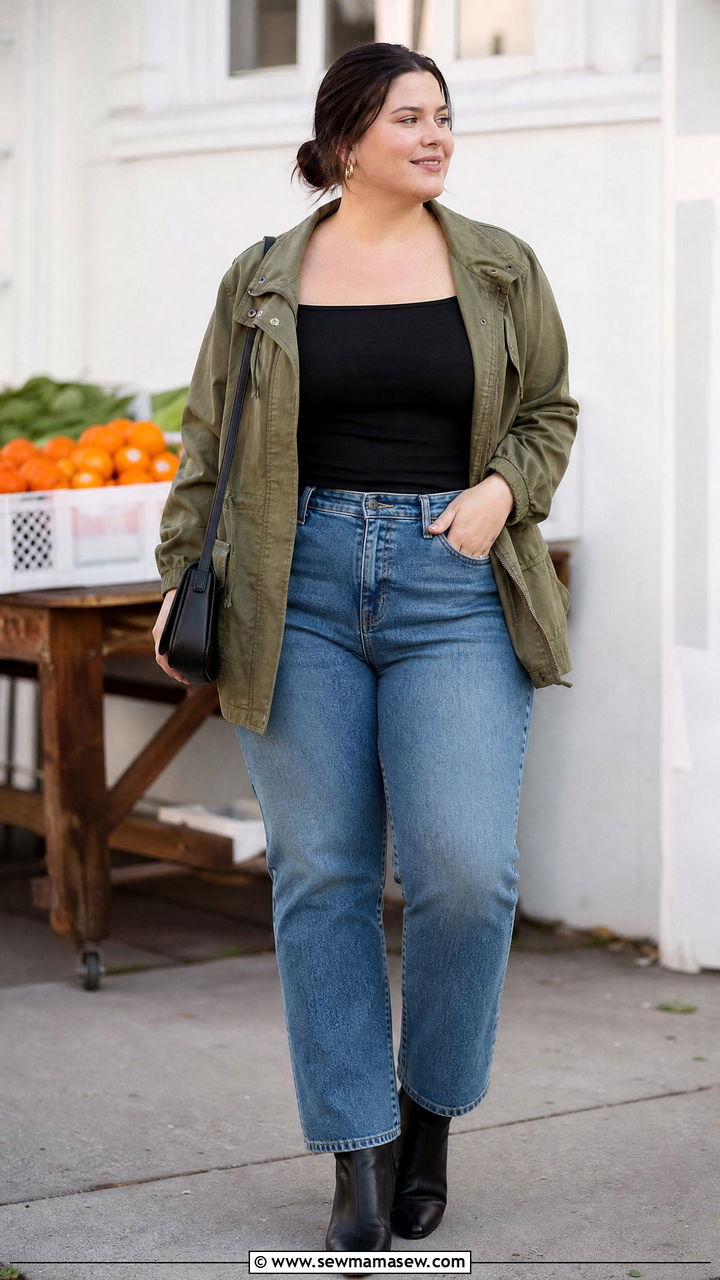 Plus Size Square Neck Top With Utility Jacket - 20 plus size square neck top outfit ideas