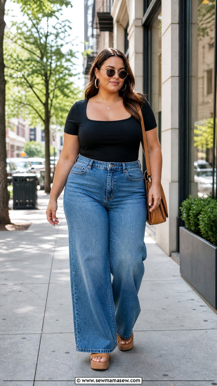 Plus Size Square Neck Top With Wide Leg Jeans - 20 plus size square neck top outfit ideas