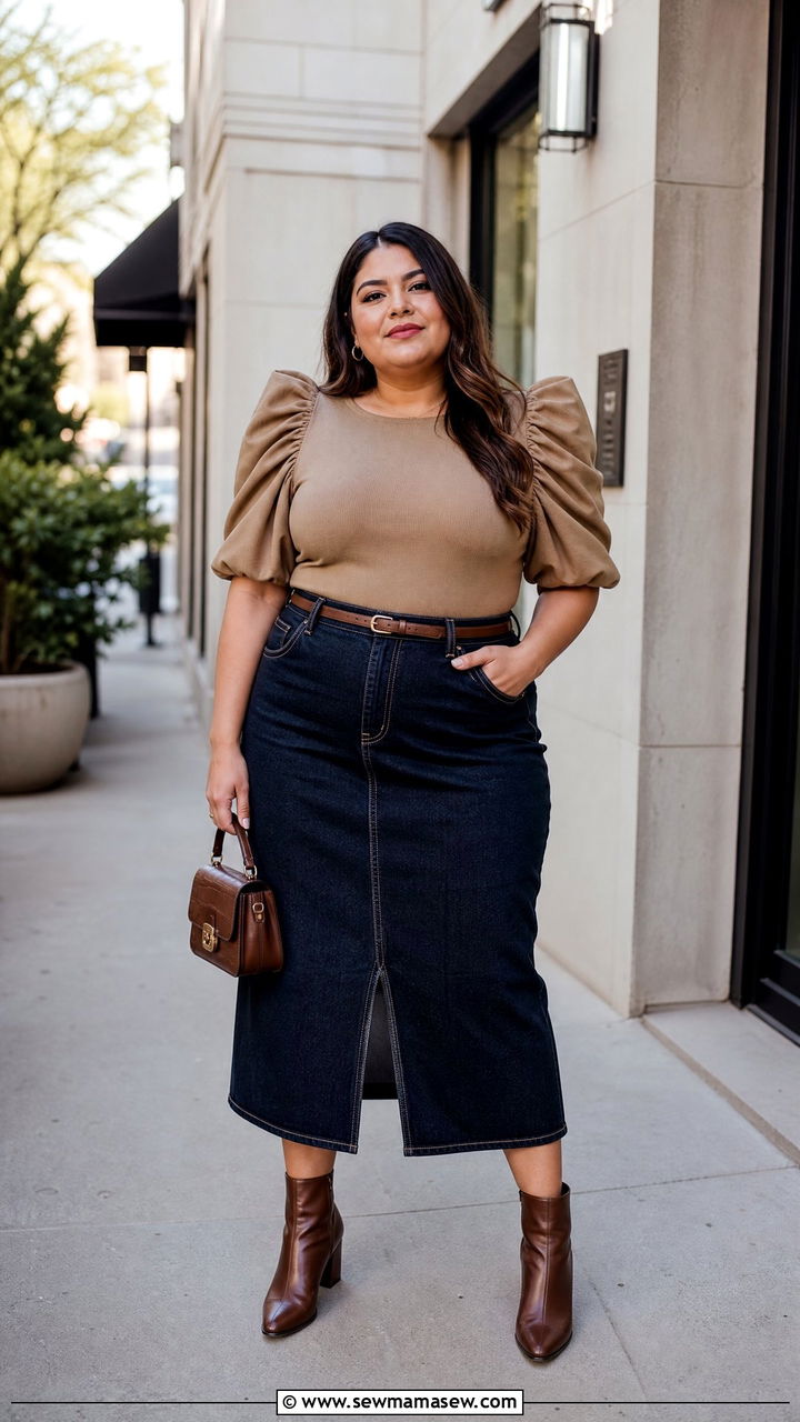Plus Size Statement Sleeve Top With Denim Skirt - 20 plus size date night top outfit ideas
