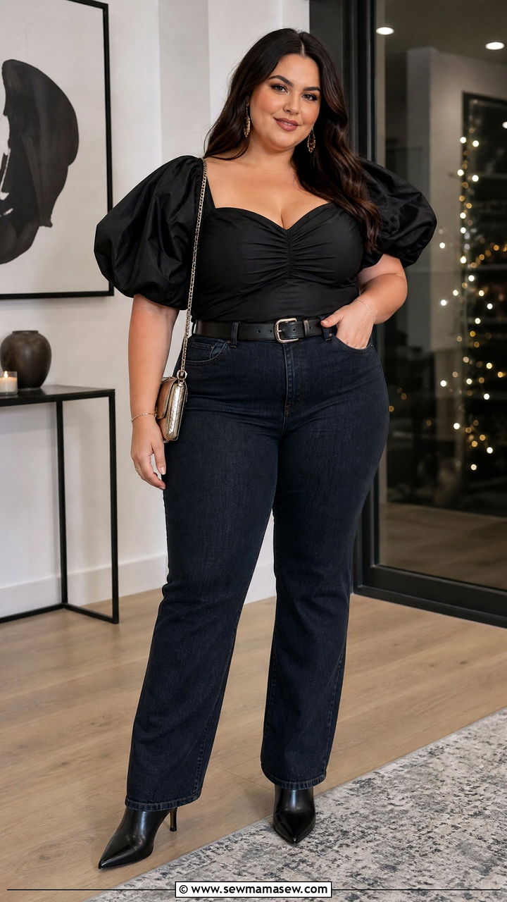 Plus Size Statement Sleeve Top With Straight Leg Jeans - 20 plus size new years eve top outfit ideas