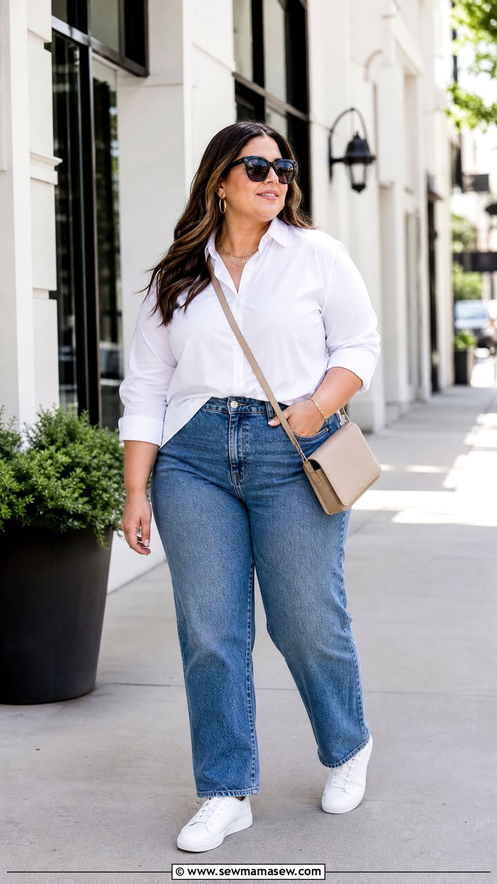 Plus Size Straight Leg Jeans And White Button Down Outfit - 20 effortless plus size outfit ideas
