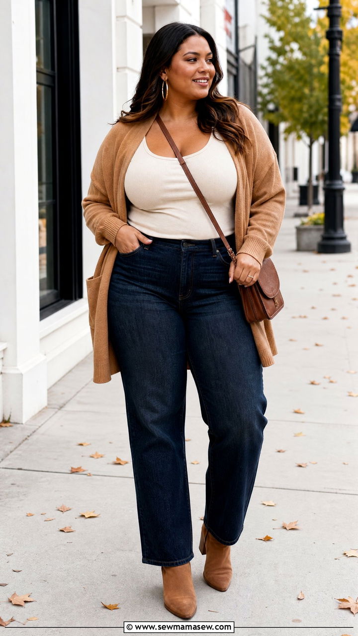 Plus Size Straight Leg Jeans With Cardigan - 20 plus size fall outfit ideas with jeans