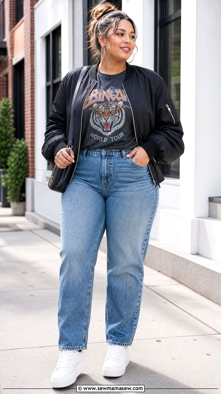 Plus Size Straight Leg Jeans With Graphic Tee - 20 plus size straight leg jeans outfit ideas