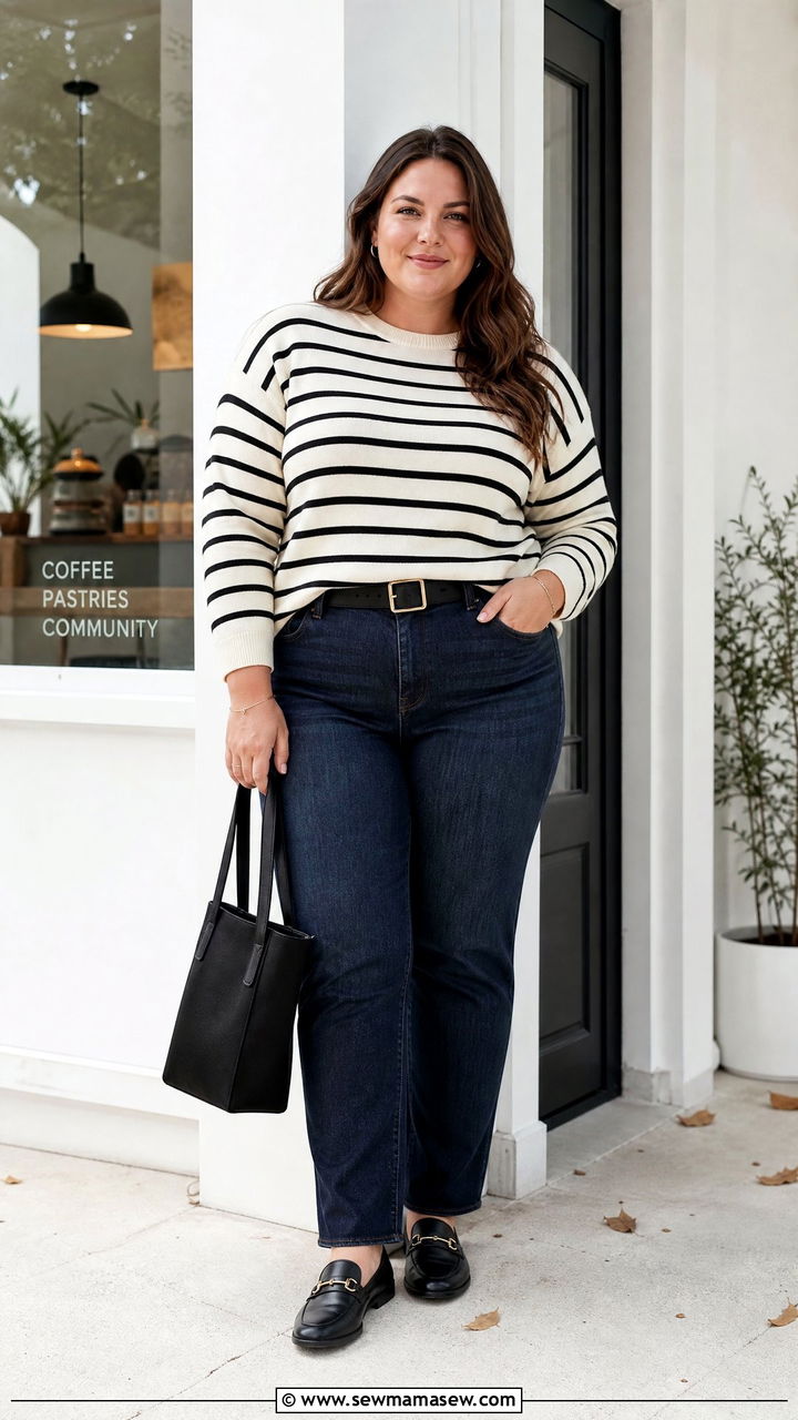 Plus Size Straight Leg Jeans With Striped Sweater - 20 plus size straight leg jeans outfit ideas