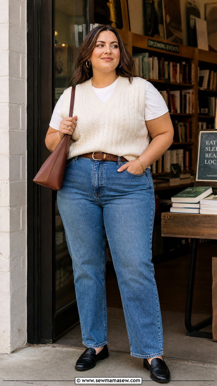Plus Size Straight Leg Jeans With Sweater Vest - 20 plus size straight leg jeans outfit ideas