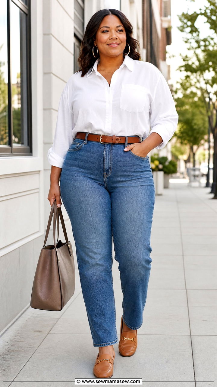 Plus Size Straight Leg Jeans With White Button Down - 20 plus size straight leg jeans outfit ideas