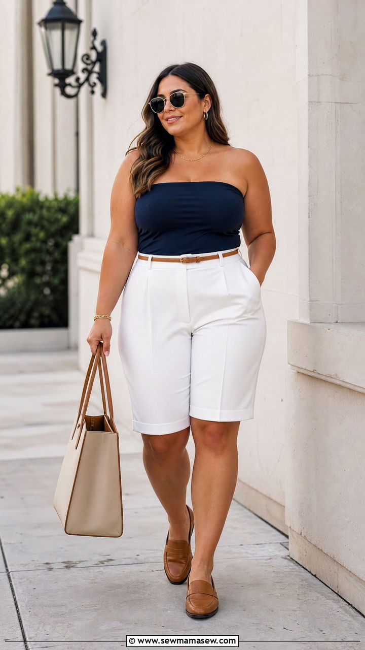 Plus Size Strapless Top With Bermuda Shorts - 20 plus size strapless top outfit ideas