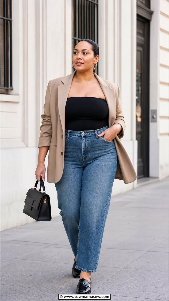 Plus Size Strapless Top With Blazer And Jeans - 20 plus size strapless top outfit ideas