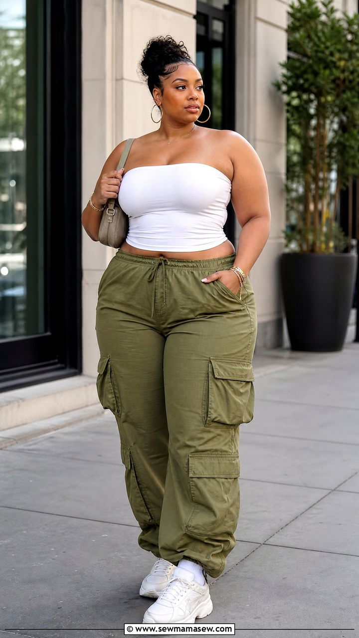 Plus Size Strapless Top With Cargo Pants - 20 plus size strapless top outfit ideas