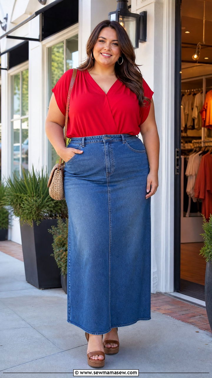 Plus Size Strapless Top With Denim Maxi Skirt - 20 plus size strapless top outfit ideas