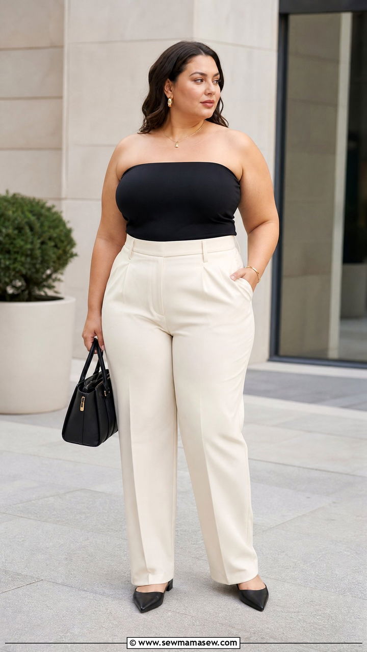 Plus Size Strapless Top With Tailored Trousers - 20 plus size strapless top outfit ideas