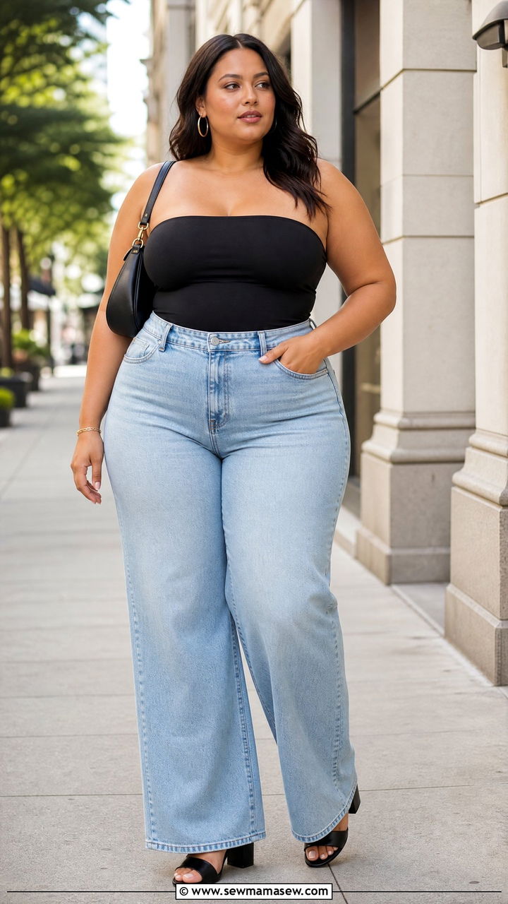 Plus Size Strapless Top With Wide Leg Jeans - 20 plus size strapless top outfit ideas
