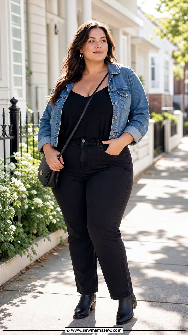 Plus Size Strappy Cami Top With Denim Jacket - 20 plus size strappy cami top outfit ideas