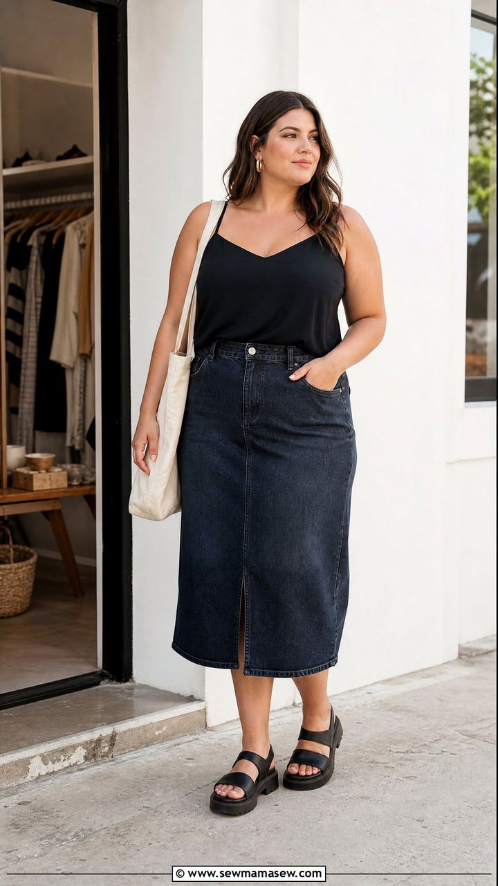 Plus Size Strappy Cami Top With Denim Skirt - 20 plus size strappy cami top outfit ideas