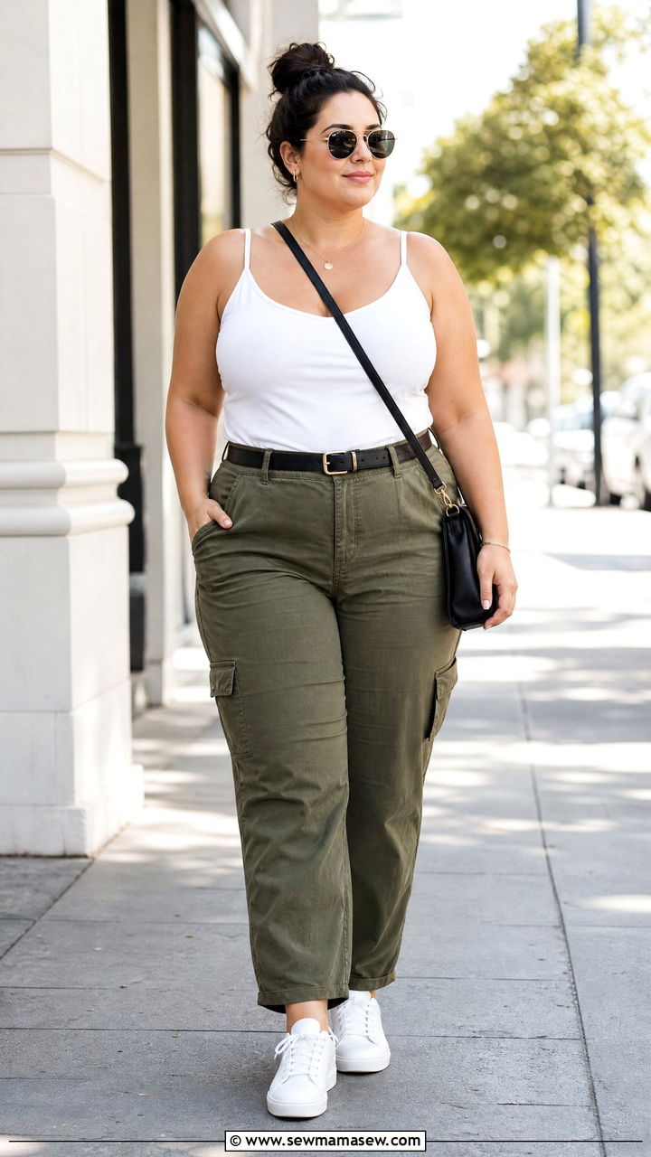 Plus Size Strappy Cami Top With Utility Pants - 20 plus size strappy cami top outfit ideas