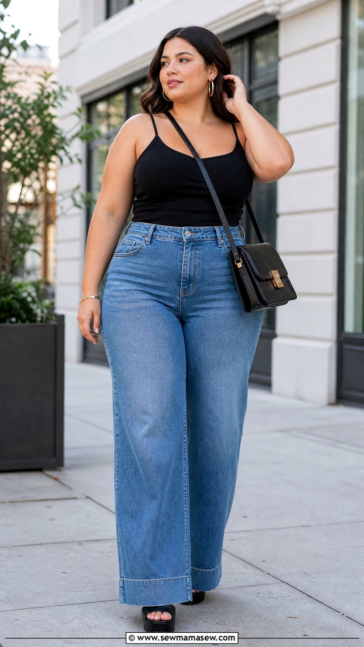 Plus Size Strappy Cami Top With Wide Leg Jeans - 20 plus size strappy cami top outfit ideas
