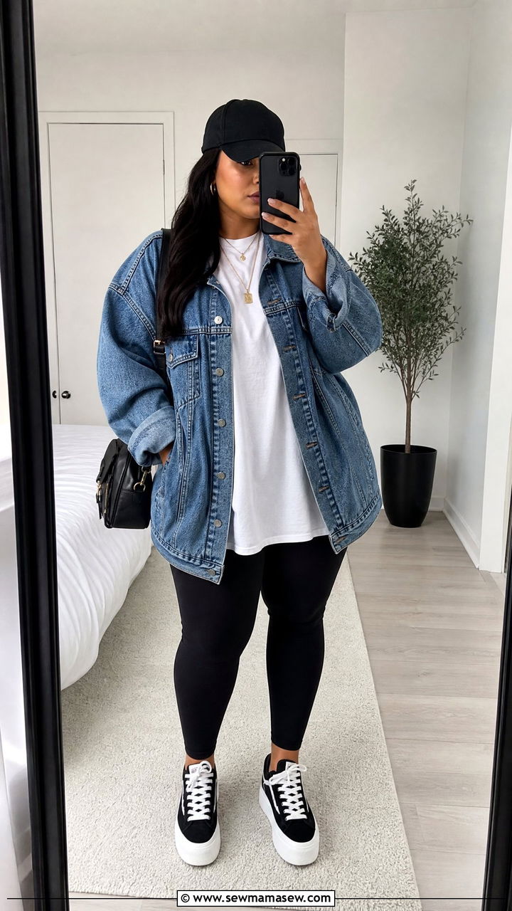 Plus Size Streetwear Denim Jacket And Black Leggings Outfit - 20 plus size streetwear outfit ideas