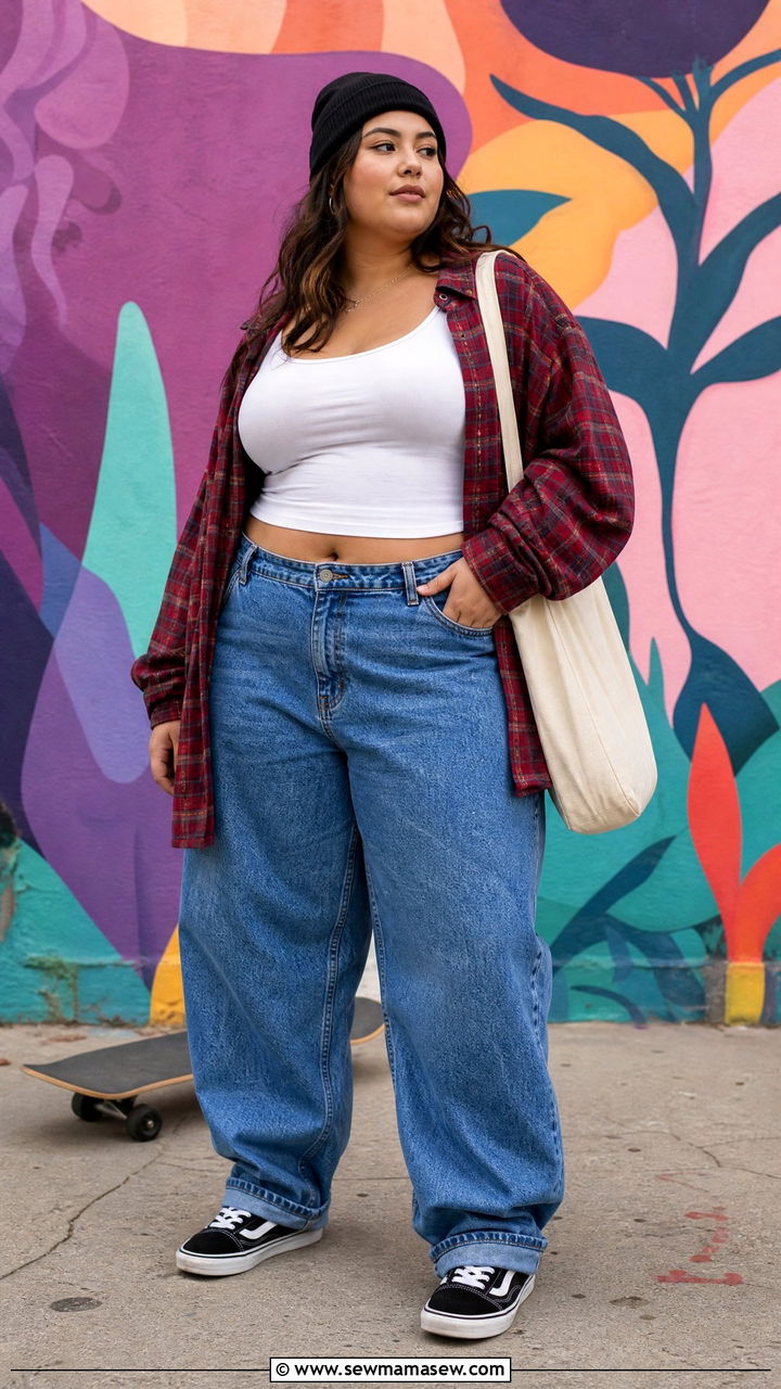 Plus Size Streetwear Flannel Shirt And Baggy Jeans Outfit - 20 plus size streetwear outfit ideas