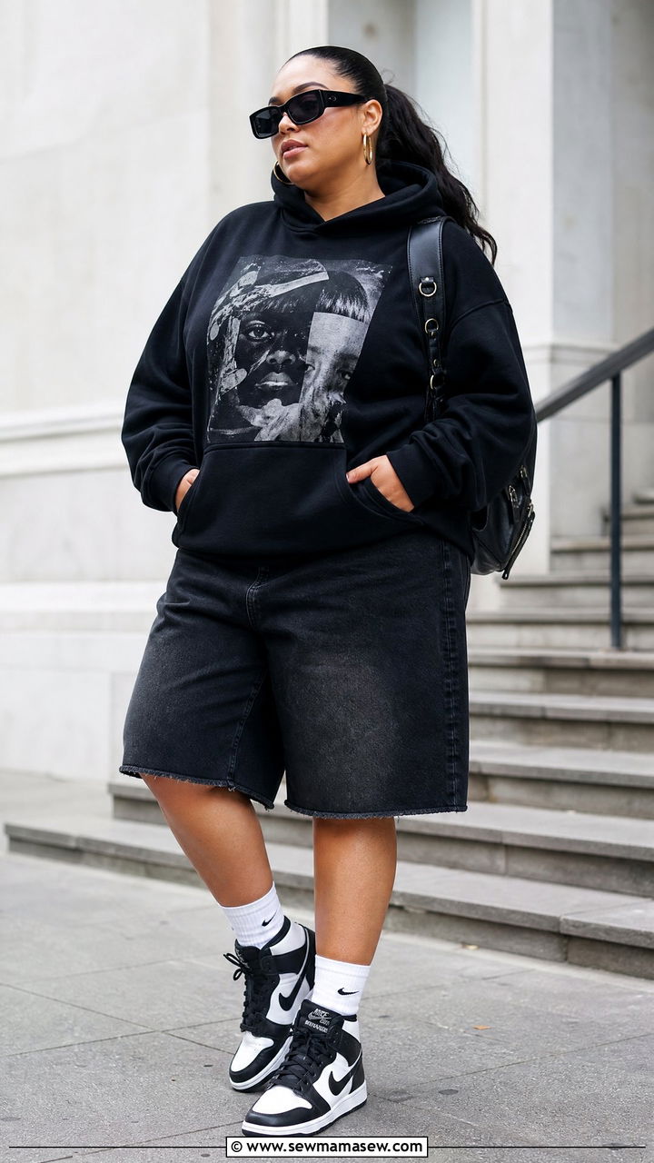 Plus Size Streetwear Graphic Hoodie And Denim Shorts Outfit - 20 plus size streetwear outfit ideas