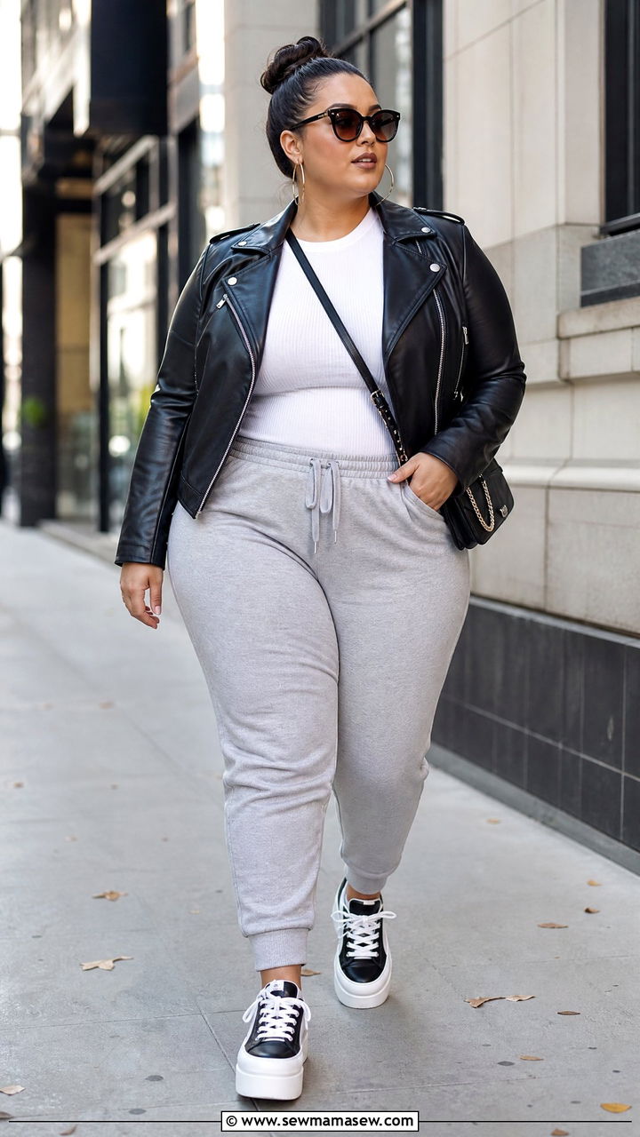 Plus Size Streetwear Leather Jacket And Joggers Outfit - 20 plus size streetwear outfit ideas