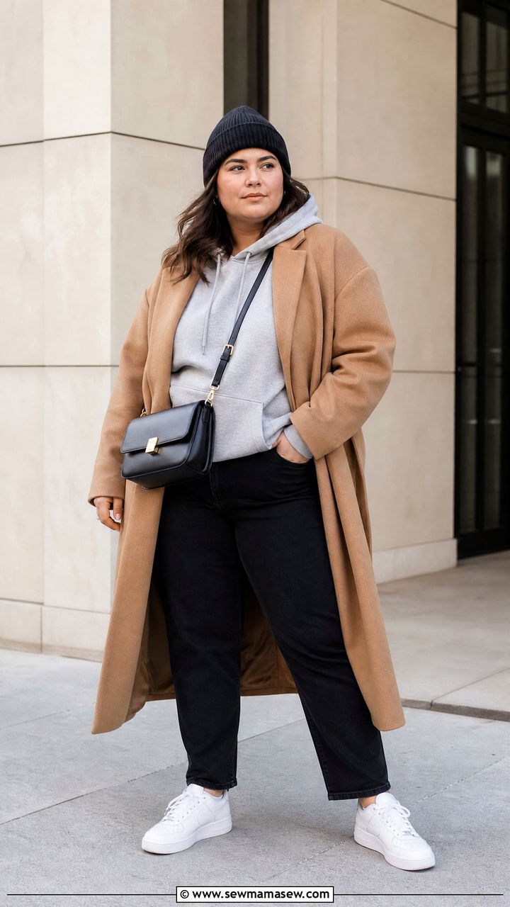 Plus Size Streetwear Long Coat And Sneakers Outfit - 20 plus size streetwear outfit ideas