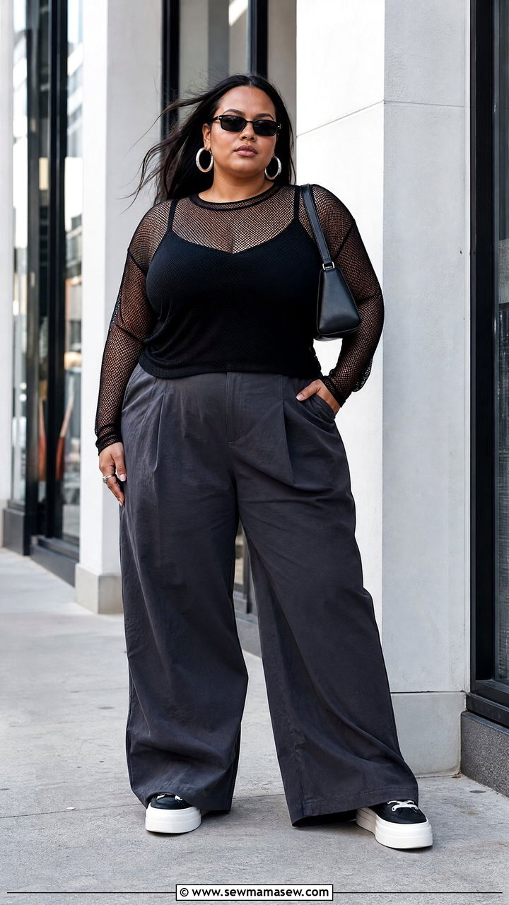 Plus Size Streetwear Mesh Top And Wide Leg Pants Outfit - 20 plus size streetwear outfit ideas