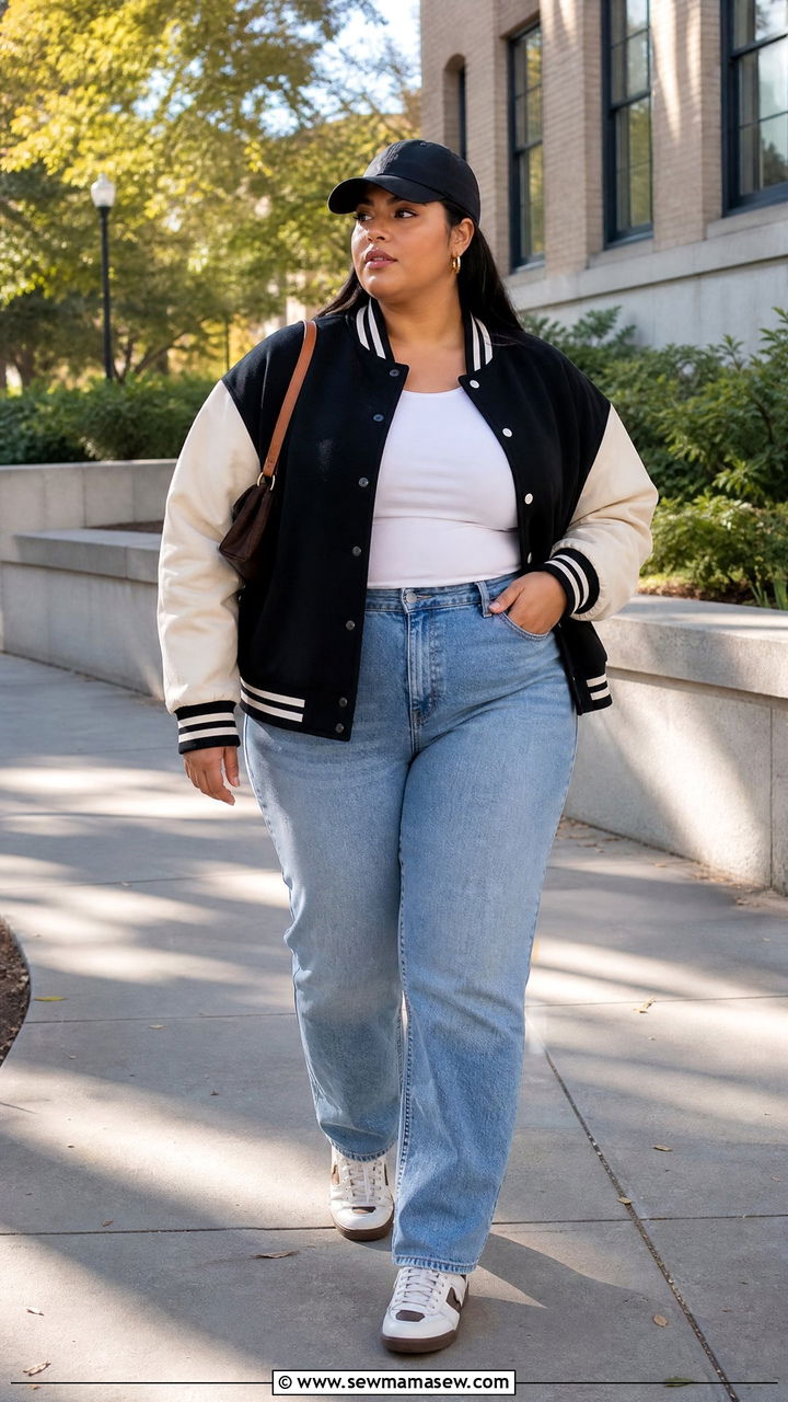 Plus Size Streetwear Varsity Jacket And Straight Jeans Outfit - 20 plus size streetwear outfit ideas