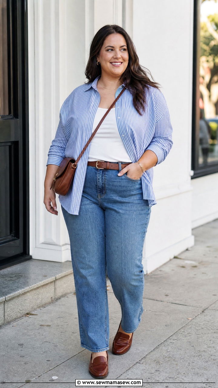 Plus Size Striped Button Down With Straight Jeans - 20 plus size striped top outfit ideas