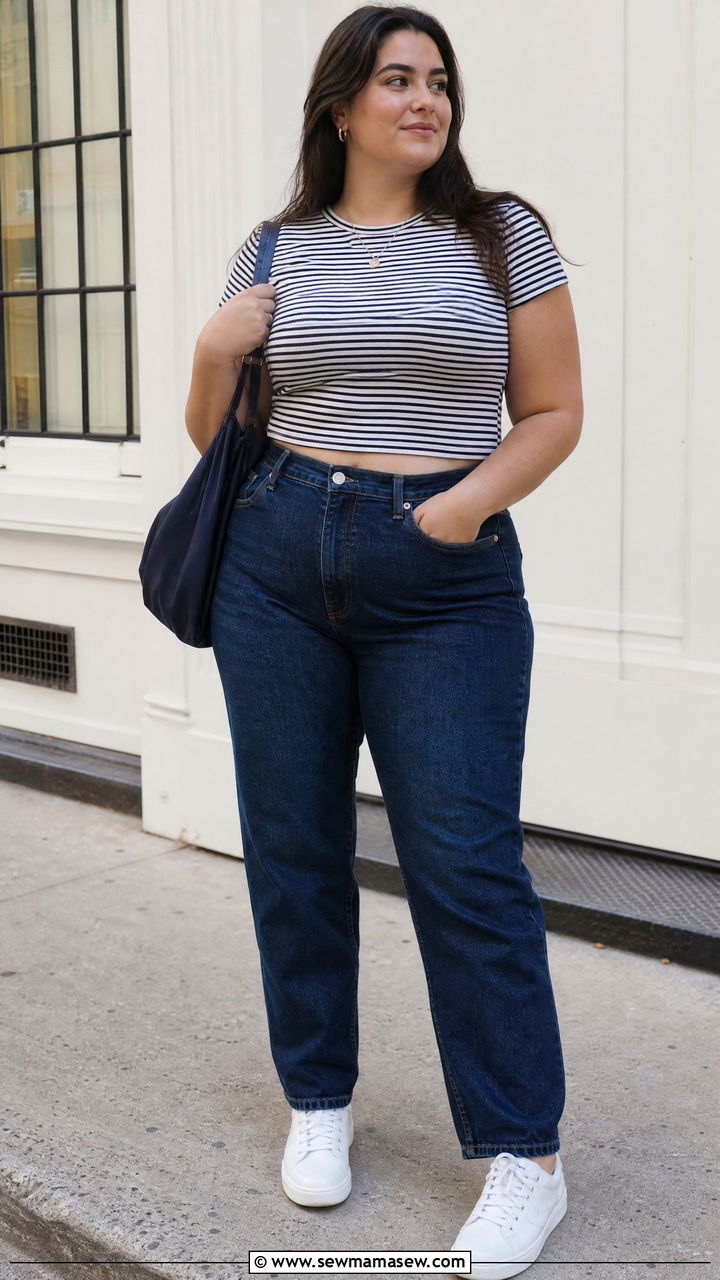 Plus Size Striped Crop Top And High Waisted Jeans Outfit - 20 plus size crop top and high waisted jeans outfit ideas