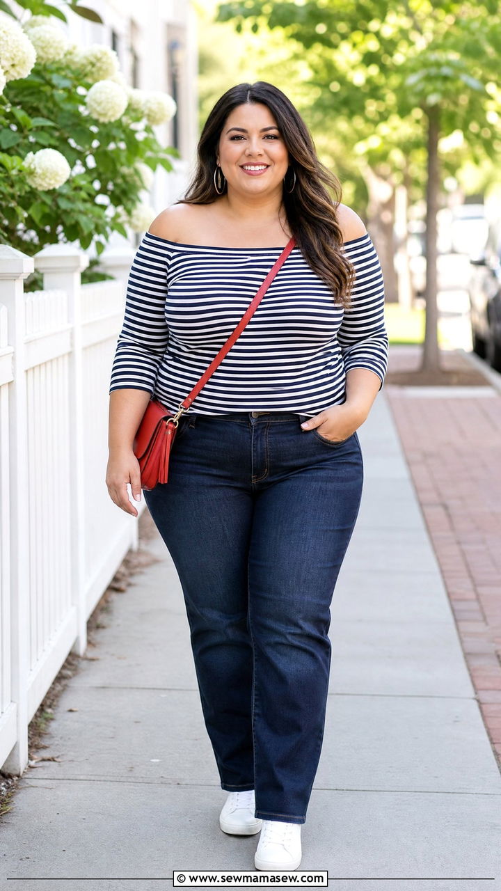 Plus Size Striped Off Shoulder Top With Jeans - 20 plus size off shoulder top outfit ideas