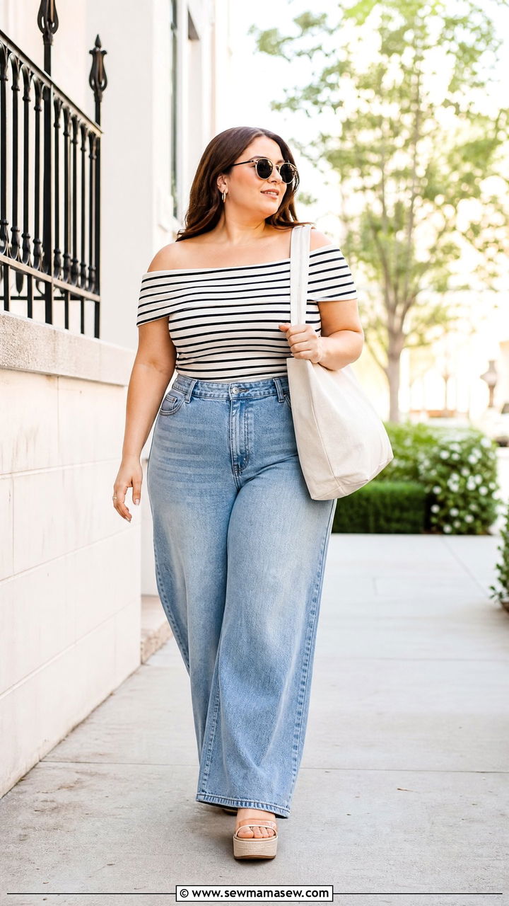 Plus Size Striped Off Shoulder Top With Wide Leg Jeans - 20 plus size summer off shoulder top outfit ideas