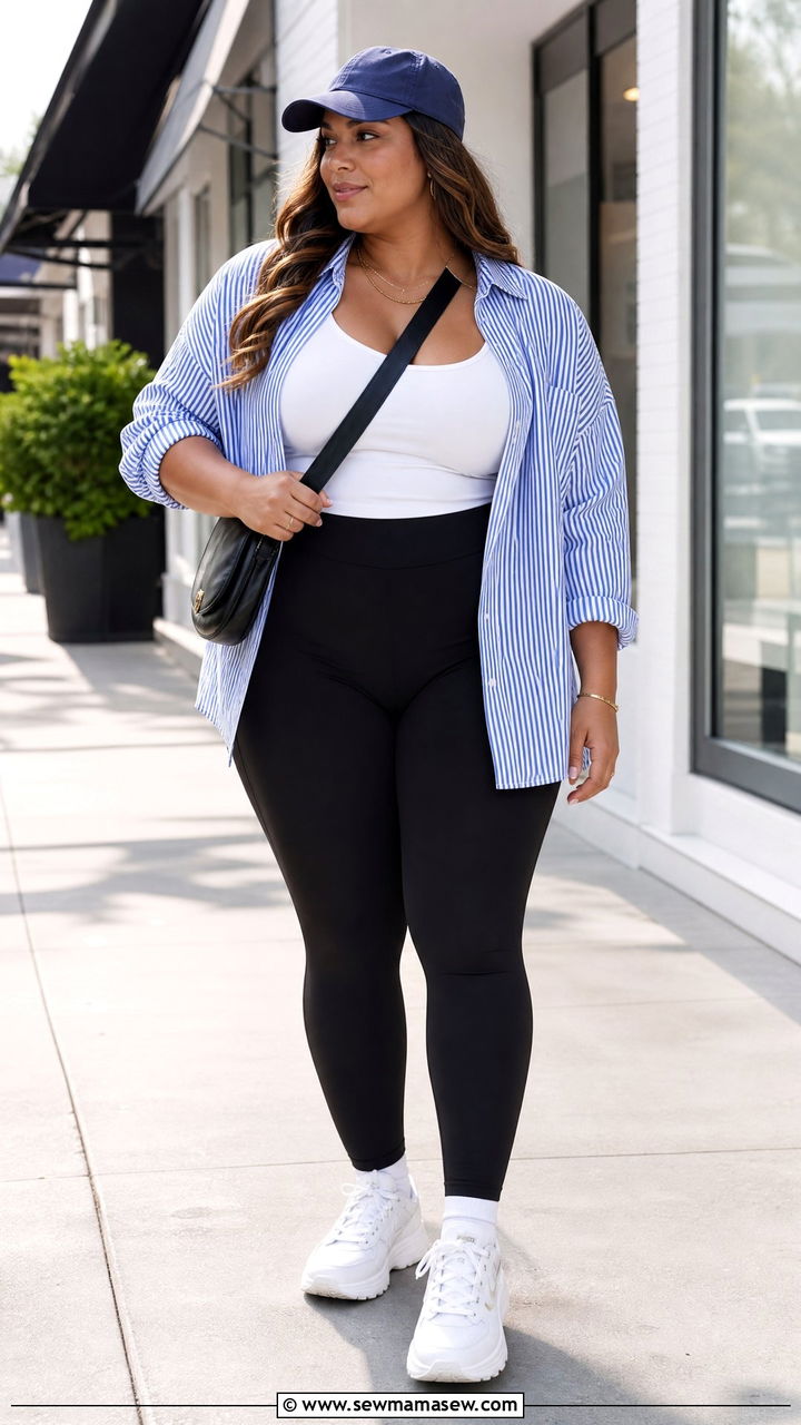 Plus Size Striped Oversized Button Up With Black Leggings - 20 plus size oversized button up outfit ideas