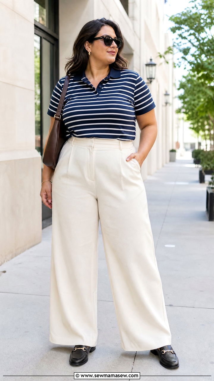 Plus Size Striped Polo Top With Wide Leg Pants - 20 plus size striped top outfit ideas