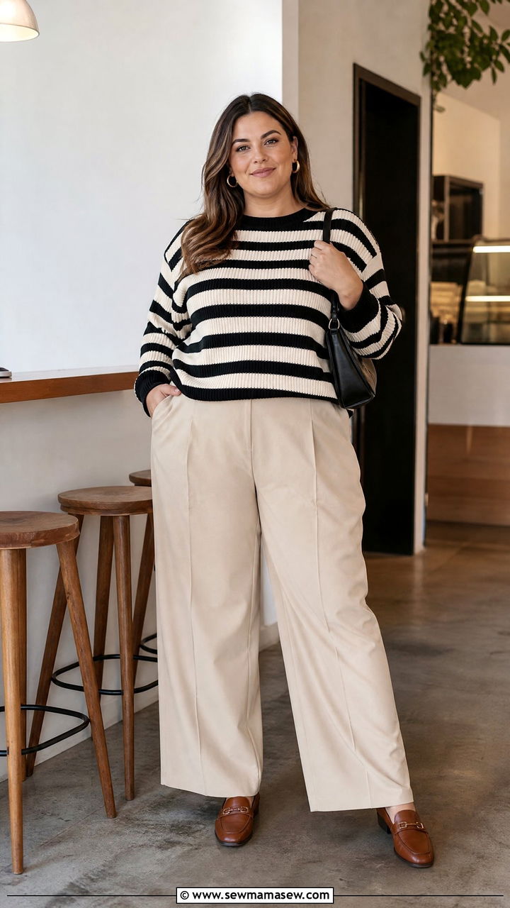 Plus Size Striped Sweater And Beige Pants Outfit - 20 plus size neutral outfit ideas