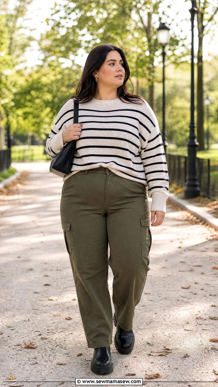 Plus Size Striped Sweater And Cargo Pants Outfit - 20 plus size transitional fall outfits