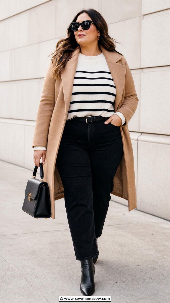 Plus Size Striped Sweater With Black Jeans - 20 plus size fall sweater outfit ideas