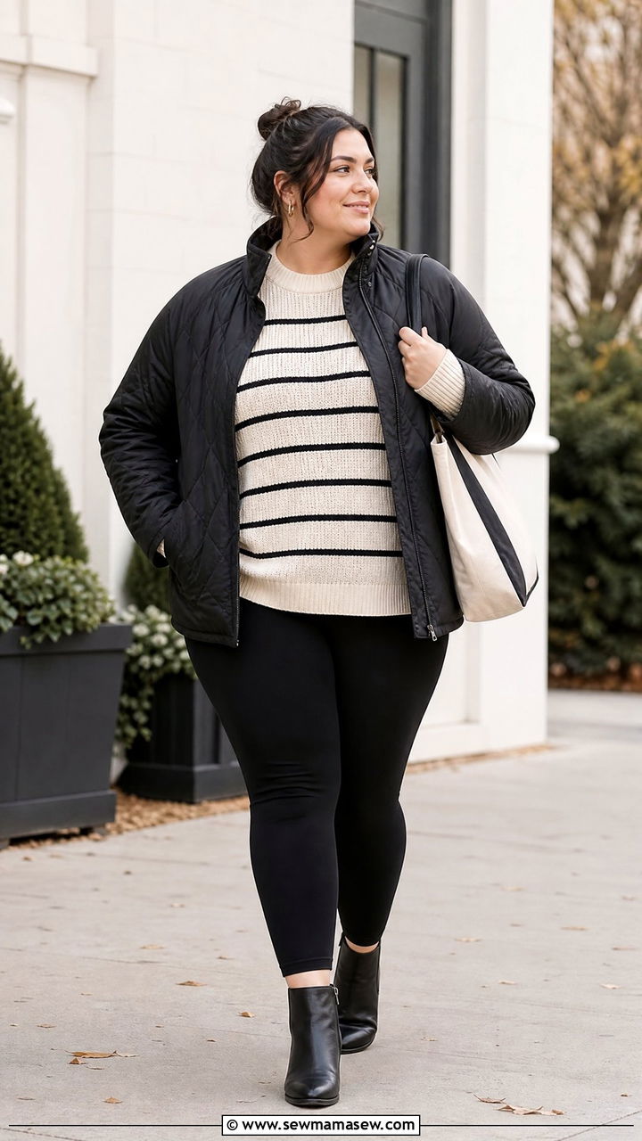 Plus Size Striped Sweater With Leggings - 20 plus size striped top outfit ideas