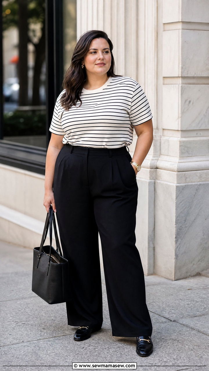 Plus Size Striped T Shirt With Black Trousers - 20 plus size striped t shirt outfit ideas