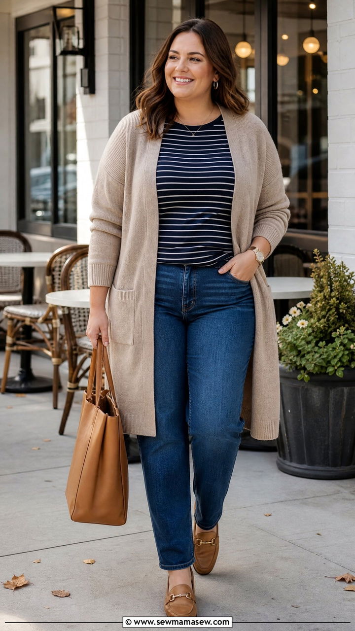 Plus Size Striped T Shirt With Cardigan - 20 plus size striped t shirt outfit ideas