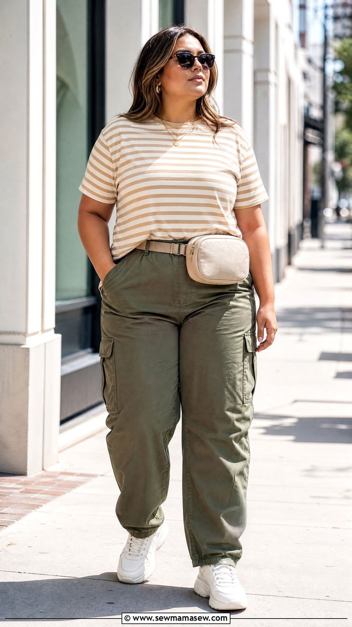 Plus Size Striped T Shirt With Cargo Pants - 20 plus size striped t shirt outfit ideas