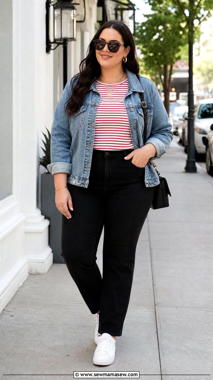 Plus Size Striped T Shirt With Denim Jacket - 20 plus size striped t shirt outfit ideas