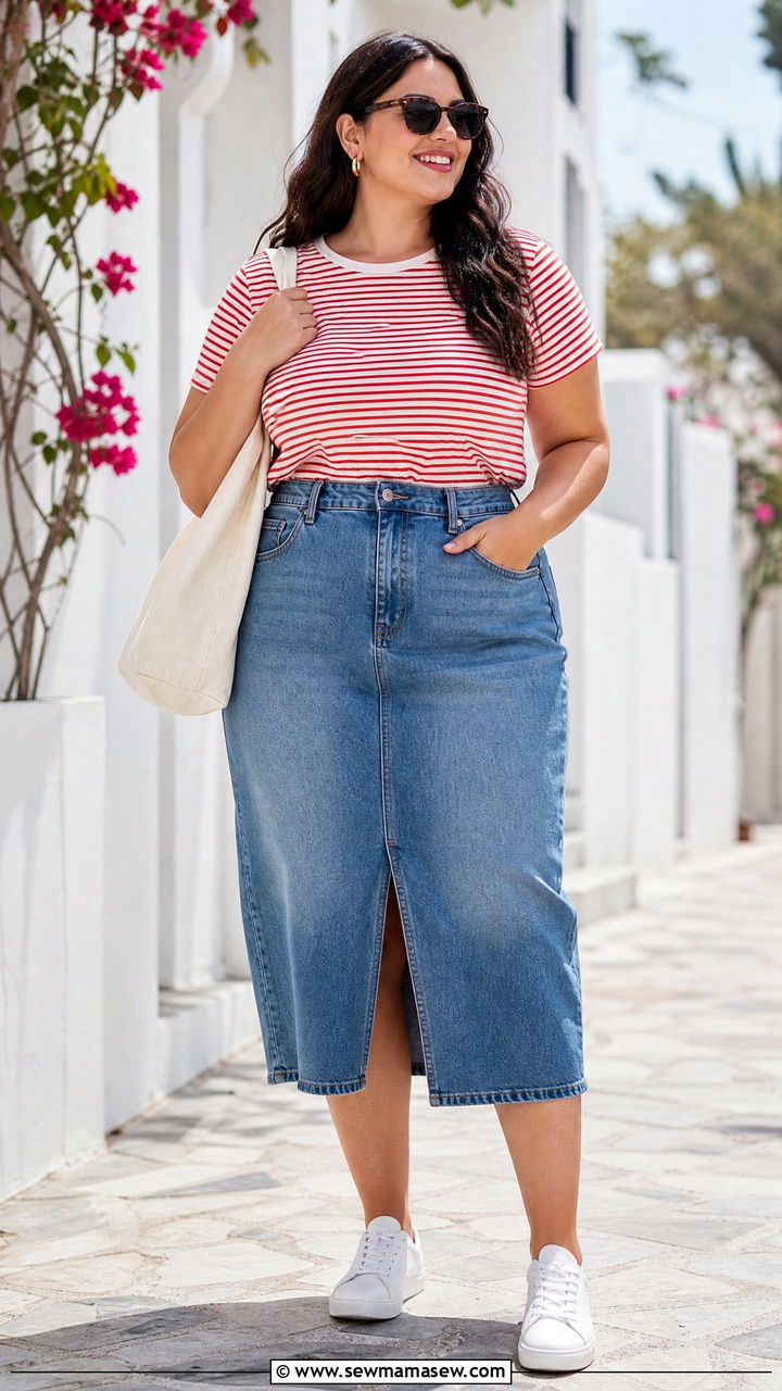 Plus Size Striped T Shirt With Denim Skirt - 20 plus size striped t shirt outfit ideas