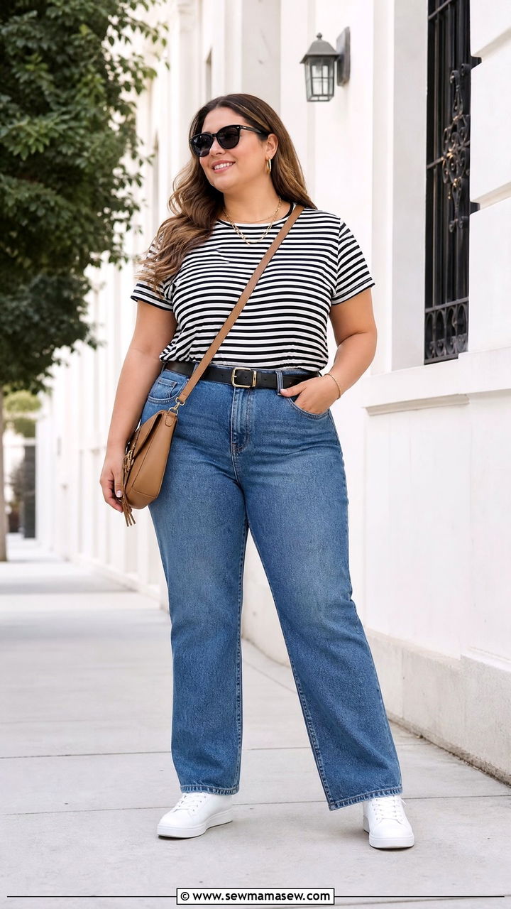 Plus Size Striped T Shirt With Straight Leg Jeans - 20 plus size striped t shirt outfit ideas